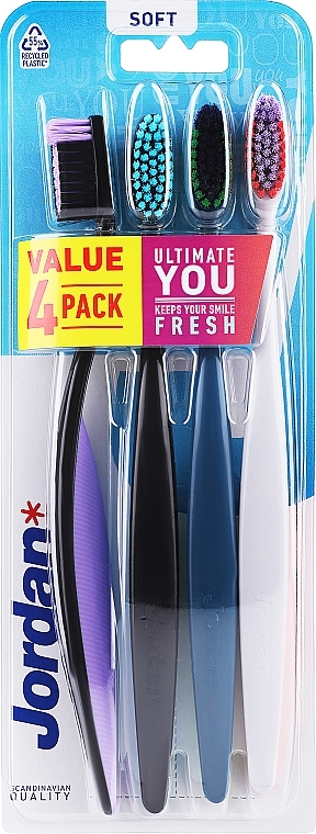 Зубная щетка мягкая, 4 шт, черно-фиолетовая + черная + синяя + белая - Jordan Ultimate You Soft Toothbrush — фото N1