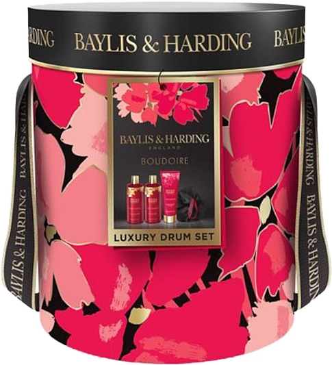 Набор - Baylis & Harding Boudoire Cherry Blossom Luxury Pamper Drum Gift Set (b/bubble/300ml + sh/cr/300ml + lot/200ml + polisher/1pc) — фото N1