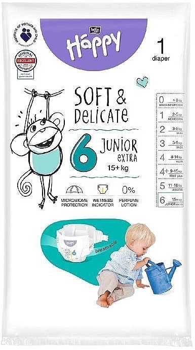 Дитячі підгузки 15+ кг, розмір 6 Junior Extra, 1 шт. - Bella Baby Happy Soft & Delicate — фото N1