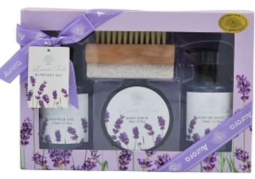 Набор - Aurora Lavender Fields (sh/gel/150ml + soap/150ml + scr/50ml + b/brush/1pc) — фото N1