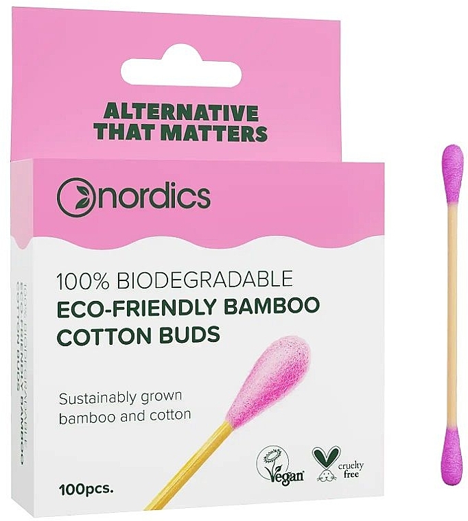 Бамбуковые ватные палочки, 100 шт., розовые - Nordics Bamboo Cotton Buds Pink — фото N1