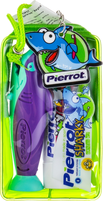 Набор детский «Акула», салатовый + бирюзово-фиолетовая акула + салатовый чехол - Pierrot Kids Sharky Dental Kit (tbrsh/1шт. + tgel/25ml + press/1шт.) — фото N1