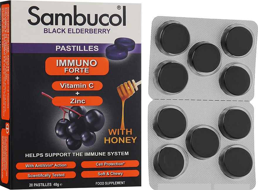 Пастилки для иммунитета "Черная бузина + Витамин С + Цинк" - Sambucol Immuno Forte Pastilles — фото N2