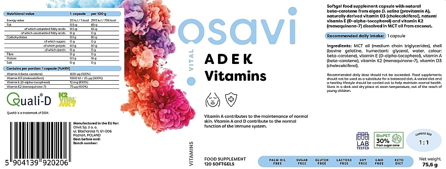 Капсули "Вітаміни ADEK", у м'яких капсулах - Osavi — фото N3