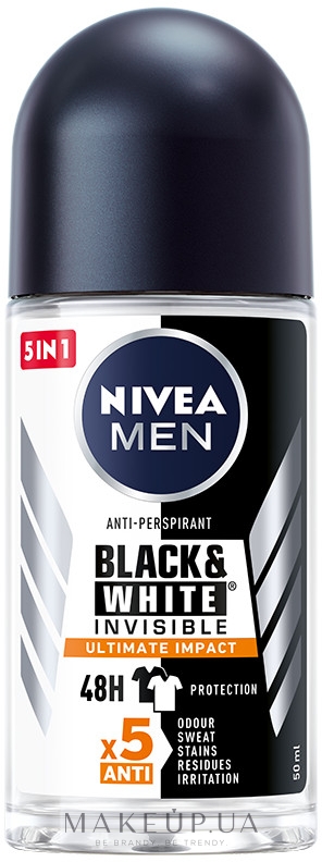 Дезодорант кульковий антиперспірант 5в1 для чоловіків - NIVEA MEN Black & White Invisible Ultimate Impact 5in1 Roll-On — фото 50ml