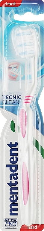 Зубная щетка, жесткая щетина, розовая с белым - Mentadent Tecnic Clean Hard — фото N1