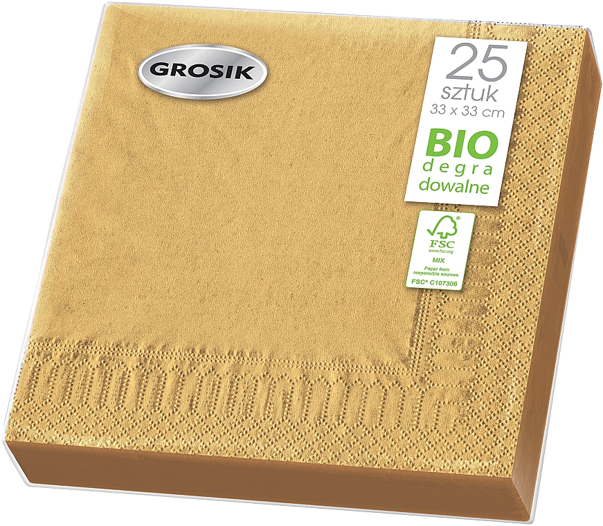 Серветки паперові двошарові, з тисненням, 33x33 см, золотисті, 25 шт. - Grosik — фото N1
