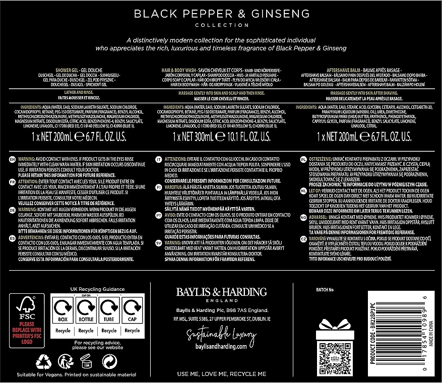 Набор - Baylis & Harding Black Pepper & Ginseng Luxury Bathing Trio (b/wash/300ml + ash/balm/200ml + sh/gel/200ml) — фото N3