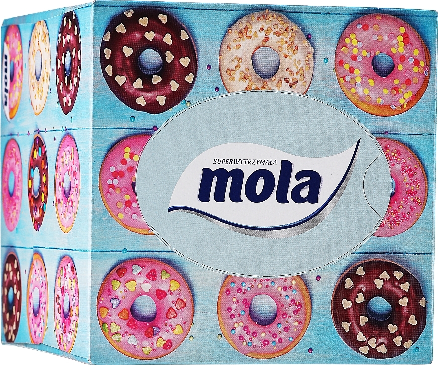Тришарові серветки, блакитна коробка з пончиками - Mola Tissue — фото N1
