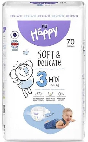 Дитячі підгузки 5-9 кг, розмір 3 Midi, 70 шт. - Bella Baby Happy Soft & Delicate — фото N1
