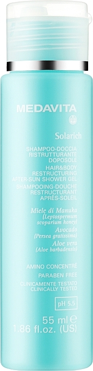 Відновлювальний шампунь і гель для душу - Medavita Solarich Hair&Body Restructuring After-Sun Shower Gel — фото N1