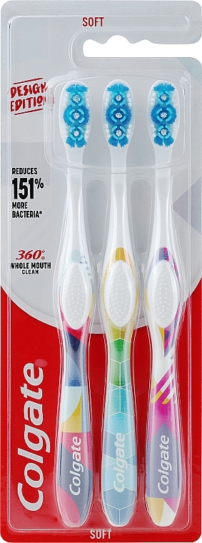 Набір м'яких зубних щіток, 3 шт., дизайн 3 - Colgate 360 Design Edition — фото N1