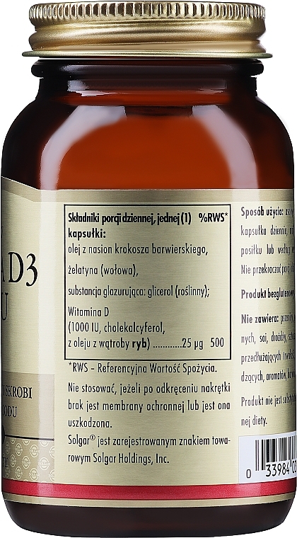 Диетическая добавка "Витамин D" - Solgar Vitamin D3 1000 IU Cholekacyferol — фото N2