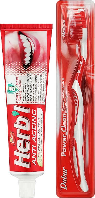 Набор "Anti Ageing", красный - Dabur Herb`l (toothbrush/1шт + toothpaste/150g) — фото N2