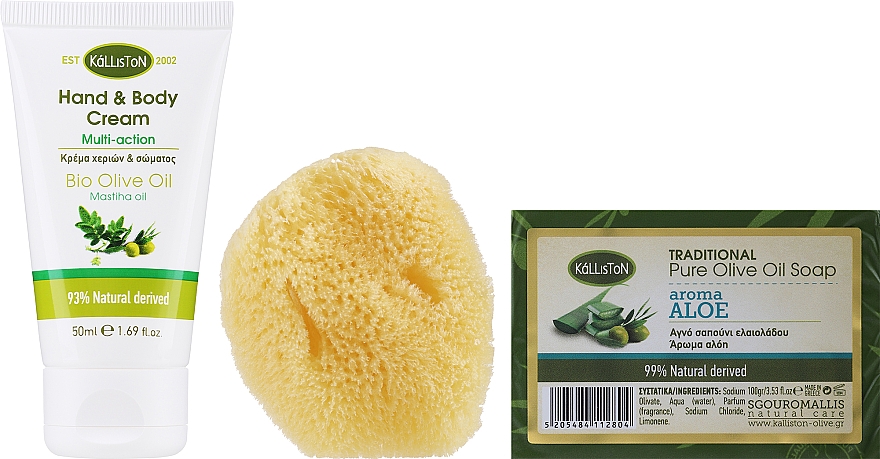 Набір, крем з олією мастихи і мило з ароматом алое - Kalliston Kit (soap/100g + b/cr/50ml + sponge/1pcs) — фото N2