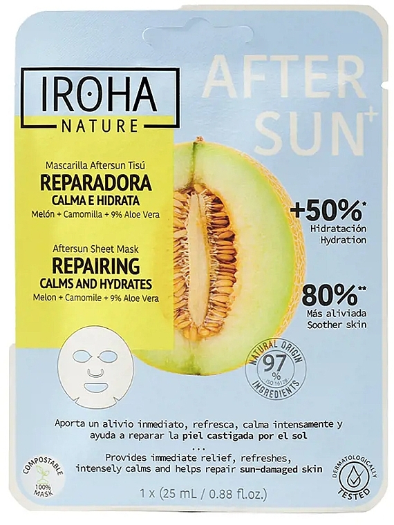 Заспокійлива зволожувальна маска для обличчя з динею - Iroha Repairing Calms And Hydrates Melon After Sun Sheet Mask — фото N1