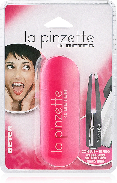 Пинцет для удаления волос с косыми кончиками, с подсветкой и зеркальцем, розовый - Beter La Pinzette — фото N1