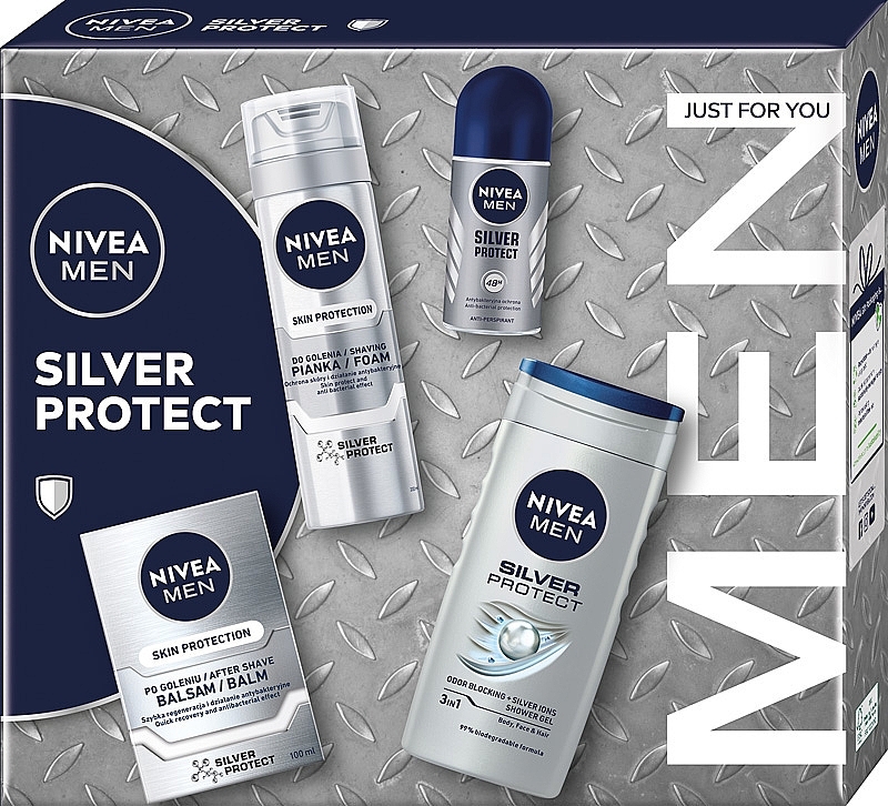 Набір - NIVEA MEN Silver Protect Collection (ash/balm/100ml + foam/200ml + shower/gel/250ml + deo/50ml) — фото N1