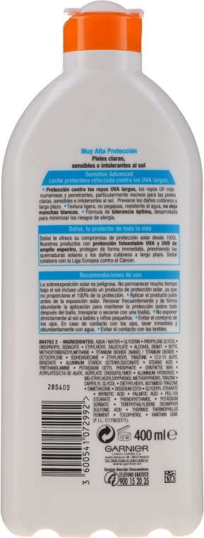 Солнцезащитное молочко для чувствительной кожи - Garnier Ambre Solaire Sensitive Advanced SPF 50+ — фото N2
