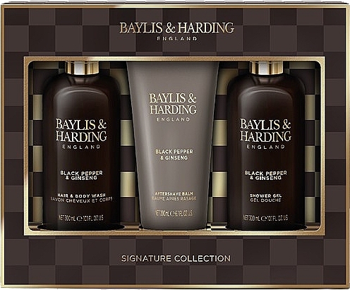 Набор - Baylis & Harding Black Pepper & Ginseng Men's Luxury Bathing Trio Gift Set (sh/gel/300ml + ash/balm/200ml + shm/300ml) — фото N1