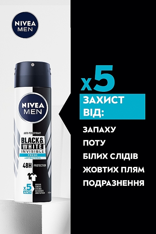 Антиперспірант "Чорне та Біле невидимий: свіжий", спрей - NIVEA MEN Black & White Invisible Fresh Anti-Perspirant — фото N3