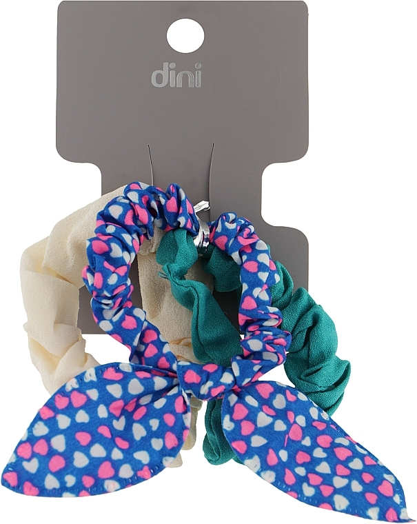 Резинки для волос "Бабочка" , AT-14, молочная + темно-бирюзовая + синяя в сердечки - Dini Every Day — фото N1
