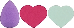 Набор спонжей для макияжа Beauty Blender, капля + 2 сердце, MIX (фиолетовый + малиновый + светло-мятный) - Puffic Fashion PF-229 — фото N1