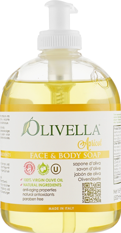 Мило рідке для обличчя і тіла "Абрикос" на основі оливкової олії - Olivella Face & Body Soap Olive — фото N1
