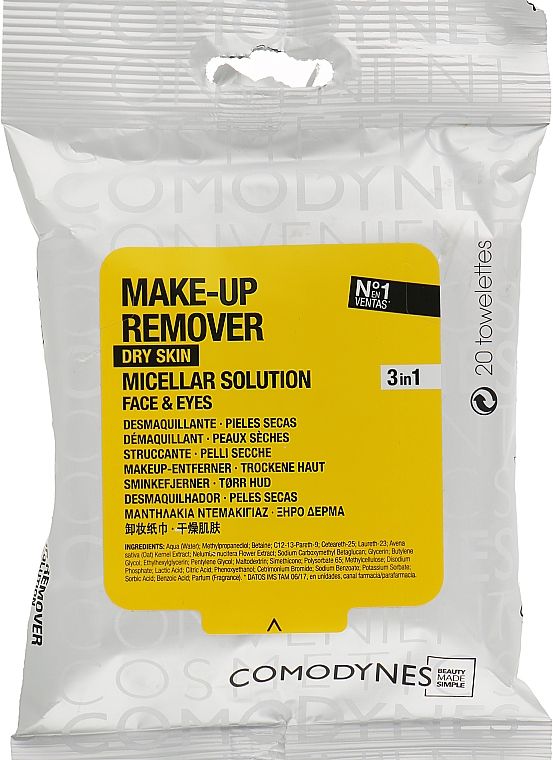 Очищающие салфетки для сухой кожи - Comodynes Make-up Remover Micellar Solution — фото N1