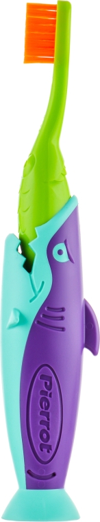 Набор детский «Акула», салатовый + бирюзово-фиолетовая акула + желтый чехол - Pierrot Kids Sharky Dental Kit (tbrsh/1шт. + tgel/25ml + press/1шт.) — фото N3