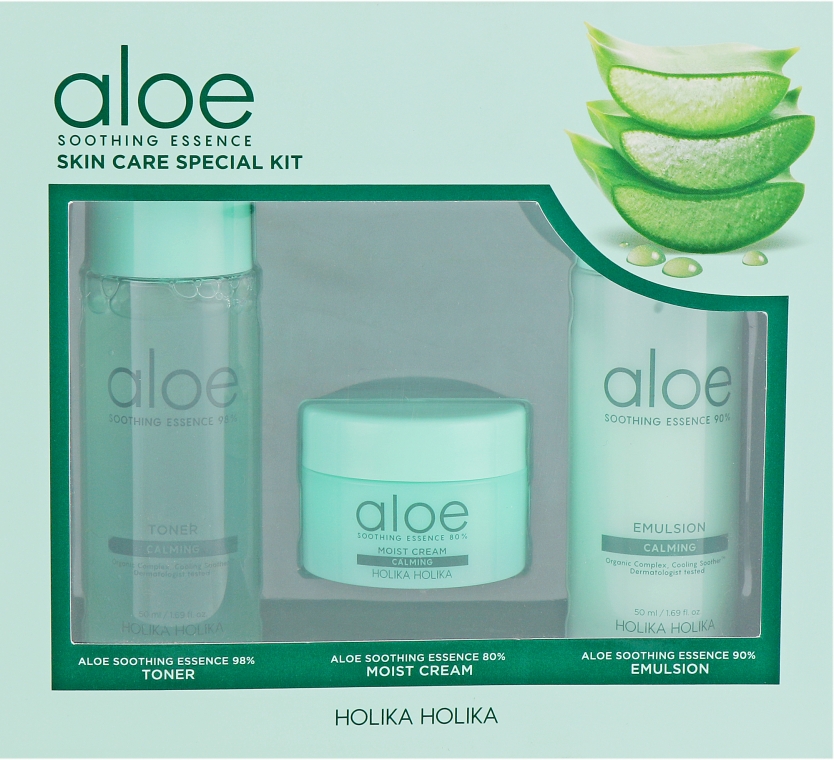 Набір - Holika Holika Aloe Soothing Essence Skincare Special Kit (emulsion/50ml + ton/50ml + cr/20ml)
