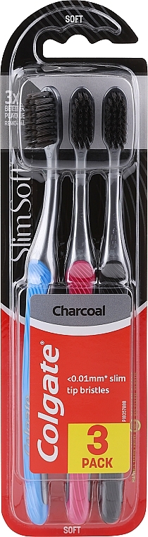 Зубні щітки м'які, синя + рожева + чорна - Colgate Slim Soft Charcoal — фото N1