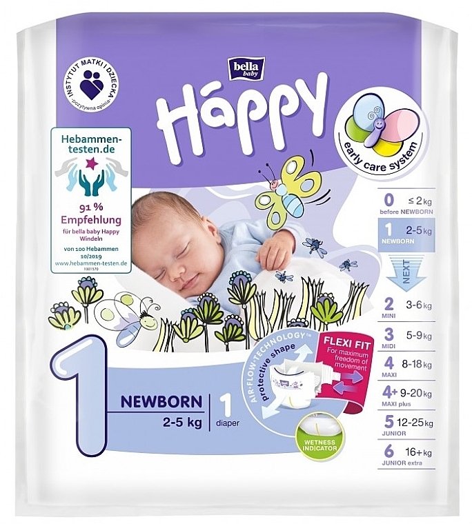 Детские подгузники "Happy" Before Newborn 1 (2-5 кг, 1 шт) - Bella Baby — фото N1