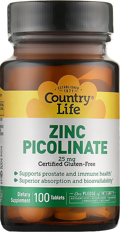 Пиколинат цинка, 25 мг - Country Life Zinc Picolinate — фото N1