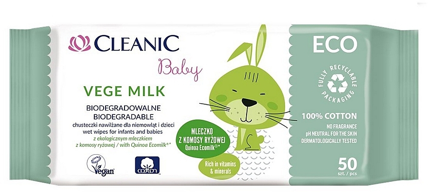 Дитячі вологі серветки для чутливої шкіри з молоком, 50 шт. - Cleanic Eco Baby Vege
