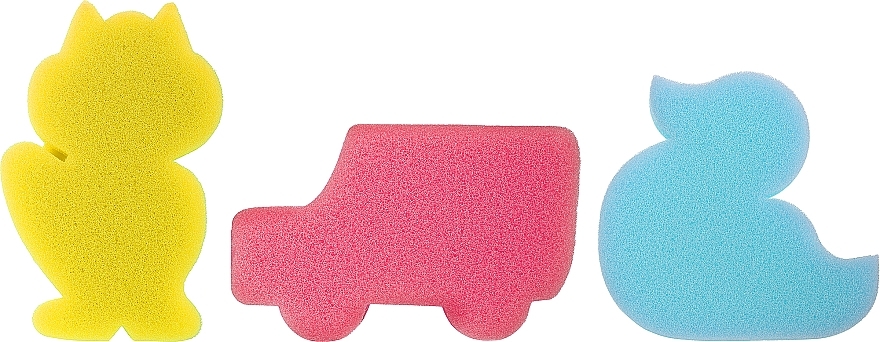 Набор детских губок для ванны, 3 шт, желтая лисичка + розовая машинка + голубая уточка - Ewimark — фото N1