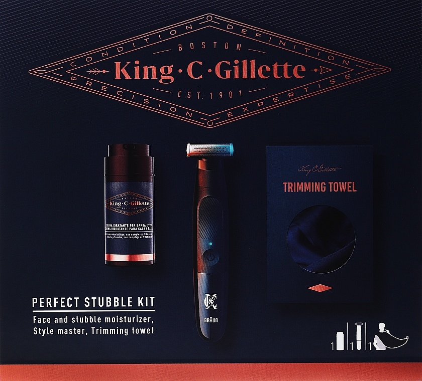 Набор - Gillette King C. Gillette Perfect Stubble Kit (moisturizer/100ml + trimmer/1pc + towel/1pc)  — фото N1
