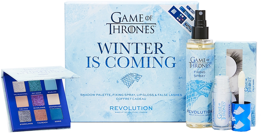 Набір - Makeup Revolution X Game Of Thrones Winter Is Coming Set (palette/7,2g + spray/100ml + lip/gloss/5ml + lashes/2pcs) — фото N1