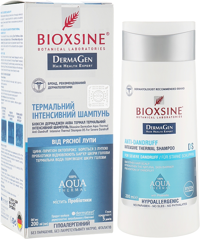 Интенсивный термальный шампунь для волос - Biota Bioxsine Anti-Dandruff Intensive Thermal Shampoo DermaGen Aqua Thermal — фото N1