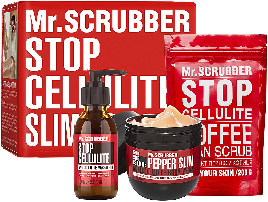 Набір "Схуднути до літа разом з Mr.Scrubber" - Mr.Scrubber Stop Cellulite Body (oil/100ml + cr/hot/250g + scrub/200g) — фото N1