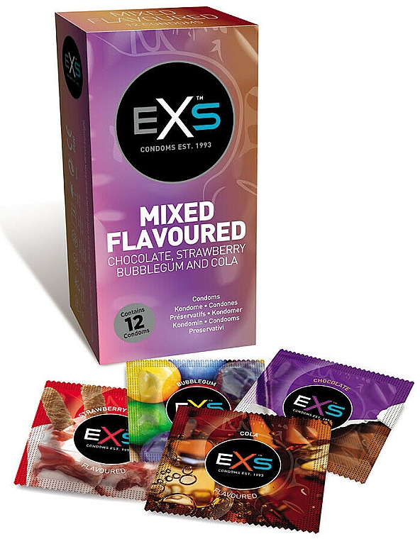 Презервативи зі смаком, 12 шт. - EXS Condoms Chocolate Bubble Gum Strawberry Cola Mixed Flavoured — фото N1
