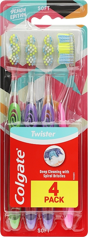Набір м'яких зубних щіток, 4 шт., салатова+бузкова+бузкова+рожева - Colgate Twister Design Edition Soft Toothbrush — фото N1