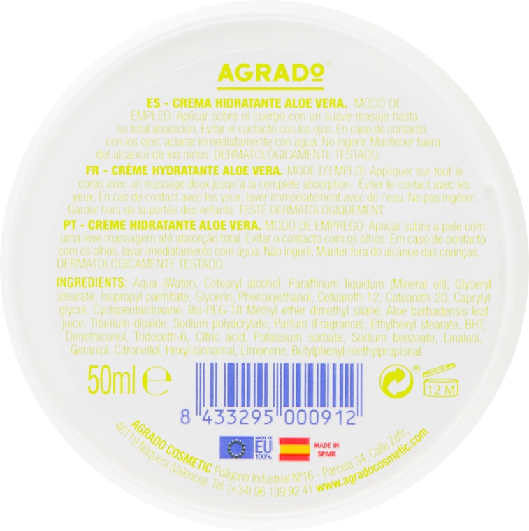 Зволожувальний універсальний крем для обличчя, рук і тіла "Алое вера" - Agrado Mini Cream Go! — фото N3