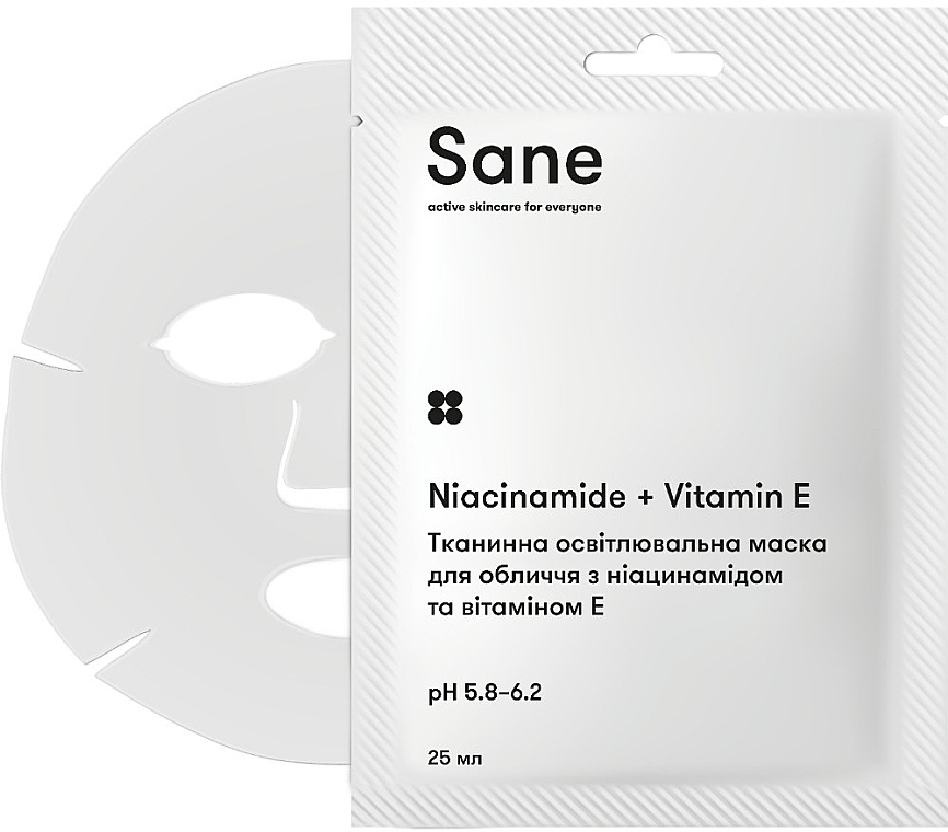 Тканевая осветляющая маска для лица с ниацинамидом и витамином Е - Sane Niacinamide + Vitamin E