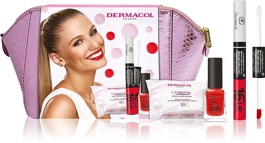 Набір - Dermacol 16H Lip Colour (lip/gloss/4.3ml + n/polish/11ml + pads/20pcs + bag) — фото N1