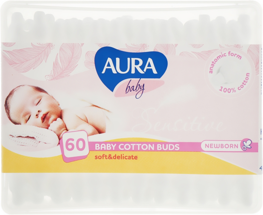 Ватные палочки для новорожденных, 60шт - Aura Baby Cotton Buds — фото N1