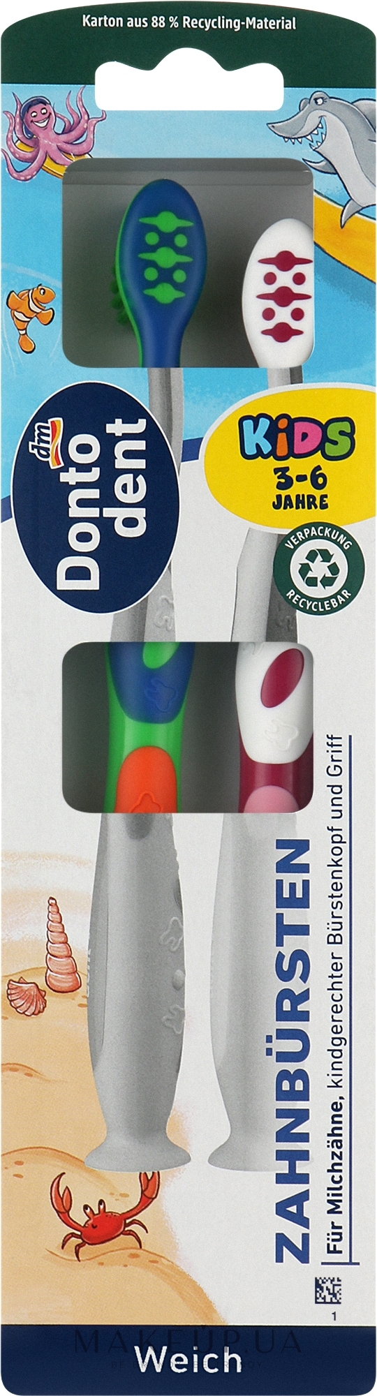 Детские зубные щетки, 2 шт., сине-зеленая + бело-фиолетовая - Dontodent Kids — фото 2шт