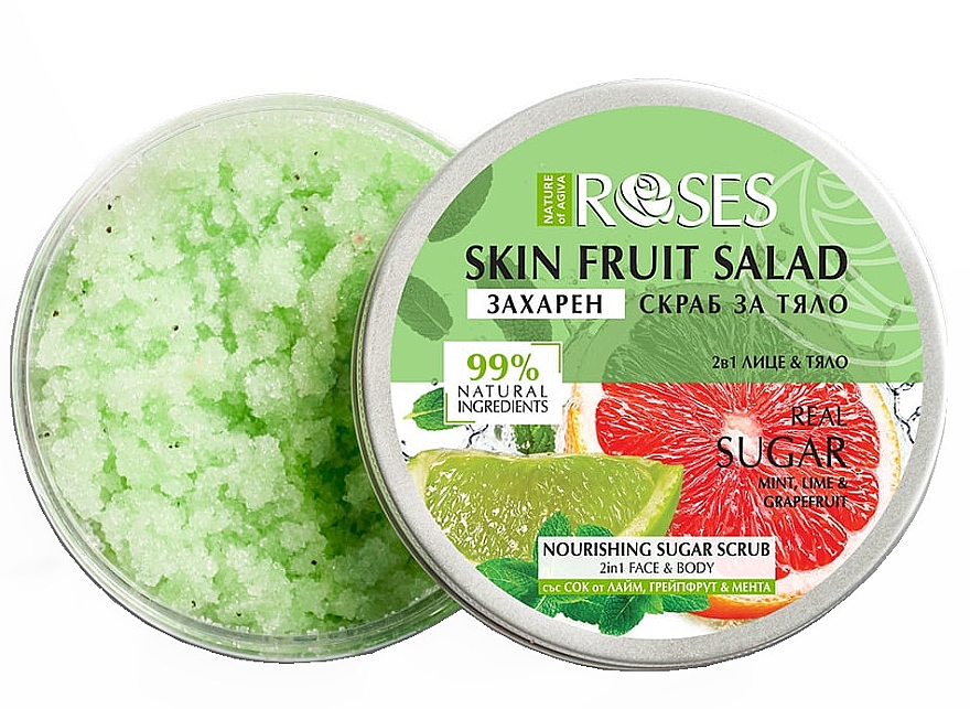 Скраб для лица и тела "Грейпфрут, лайм и мята" - Nature of Agiva Roses Body Fruit Salad Nourishing Sugar Scrub — фото N1