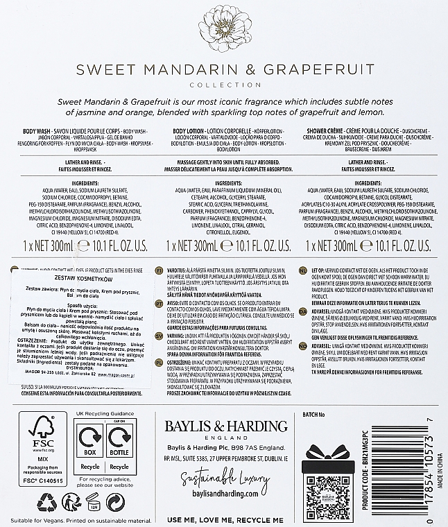 Набор - Baylis & Harding Sweet Mandarine & Grapefruit (sh/cream/300ml + b/lot/300ml + sh/gel/300ml) — фото N3