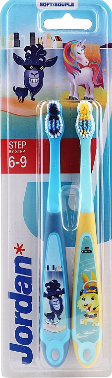 Детская зубная щетка, 6-9 лет, сине-голубая и желто-мятная - Jordan Step By Step Soft — фото N1